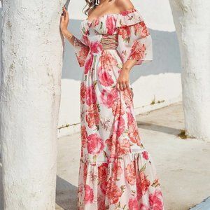 Floral Print Chiffon Off Shoulder Flounce Sleeve Cut Out flowy Maxi Dress